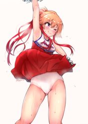  ;) armpits ass_visible_through_thighs blush brown_hair cheerleader clothes_lift female gojarun hand_on_own_hip highres idolmaster idolmaster_cinderella_girls long_hair ninomiya_asuka one_eye_closed panties pom_pom_(cheerleading) red_hair simple_background skirt skirt_lift smile solo sweat underwear white_background white_panties 