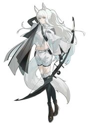  animal_ears arknights black_footwear black_gloves boots bow_(weapon) brown_eyes commentary_request female full_body gloves highres horse_ears jacket long_hair long_sleeves looking_at_viewer midriff naoel_(naoel_art) navel platinum_(arknights) ponytail shorts simple_background solo standing stomach tail thighhighs very_long_hair weapon white_background white_hair white_jacket white_shorts wide_sleeves 