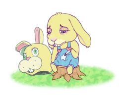  2020 animal_crossing anthro cigarette clothing fur grass green_eyes lagomorph leporid looking_down male mammal mascot mask meme nintendo overalls plant rabbit sad simple_background sirartwork sitting sitting_on_stump smoking solo tree_stump white_background yellow_body yellow_fur zipper_t._bunny 