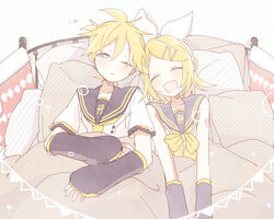  1boy arm_warmers bare_shoulders bed black_sailor_collar blonde_hair blue_eyes bow closed_eyes commentary female fortissimo grey_sailor_collar hair_ornament hairbow hairclip half-closed_eye headphones kagamine_len kagamine_len_(append) kagamine_rin kagamine_rin_(append) light_blush looking_at_viewer lying neckerchief necktie on_back one_eye_closed open_mouth pillow sailor_collar school_uniform shirt short_hair short_ponytail short_sleeves shoulder_tattoo sleeveless sleeveless_shirt smile spiked_hair string_of_flags suzumi_(fallxalice) swept_bangs tattoo under_covers upper_body vocaloid vocaloid_append white_bow white_shirt yellow_neckerchief yellow_necktie 