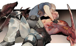  2boys bara black_gloves black_pants black_shirt blonde_hair blood blood_on_face brown_hair bulge bulge_to_ass closed_mouth fingerless_gloves gloves grey_pants highres holster injury jack_krauser knee_pads large_pectorals leon_s._kennedy male_focus multiple_boys muscular muscular_male pants pectorals resident_evil resident_evil_4 resident_evil_4_(remake) scar scar_on_face scar_on_mouth shirt short_hair shoulder_holster sitting sitting_on_person straddling topless_male vetania yaoi 