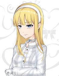  absurdres blonde_hair blue_eyes commentary_request earrings female headband highres hime_cut ignis_(artist) jewelry nagi_(ignis) original patterned_clothing pouty_lips self-upload shirt simple_background white_headband white_shirt 