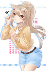  :p absurdres alternate_costume animal_ears ayanami_(azur_lane) ayanami_(retrofit)_(azur_lane) azur_lane bad_id bad_pixiv_id belt casual cat_ears cat_girl cat_tail commentary_request contemporary denim denim_skirt female grey_hair hair_ornament hairclip highres jacket kemonomimi_mode konparu_uran leaning_forward long_hair long_sleeves looking_at_viewer orange_eyes paw_pose ponytail sidelocks simple_background skirt smile solo sweater_jacket tail tongue tongue_out white_background 