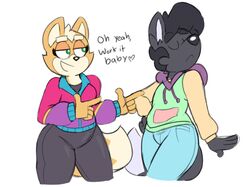  2017 acstlu anthro black_body breasts canid canine clothed clothing dancing dialogue digital_drawing_(artwork) digital_media_(artwork) dipstick_tail duo english_text female femboy fox fox_mccloud fully_clothed grey_body hoodie male mammal markings mtf_crossgender multicolored_body multicolored_tail nintendo phursie rule_63 star_fox tail tail_markings tan_body text topwear two_tone_body white_body wide_hips 