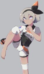  barefoot bea_(pokemon) black_bodysuit black_hairband bodysuit bodysuit_under_clothes bow_hairband collared_shirt commentary female gloves grey_background grey_eyes grey_hair guunome hair_between_eyes hairband highres knee_pads leg_up partially_fingerless_gloves pokemon pokemon_swsh print_shirt print_shorts shiny_skin shirt short_hair short_sleeves shorts simple_background single_glove solo toes 