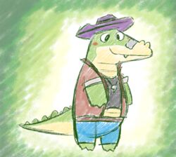  2022 alligator alligatorid anthro biped blush bottomwear brok_(brok_the_investigator) brok_the_investigator clothing countershading cowcat_games crocodilian green_body hat headgear headwear keeperaft kemono later_alligator pants reptile scalie shirt simple_background solo style_emulation topwear 