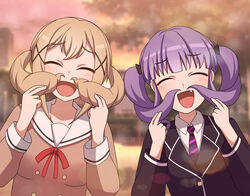  2girls ^_^ bang_dream! black_jacket black_ribbon blazer blonde_hair blurry blurry_background blush body_switch breasts brown_dress buttons closed_eyes collared_shirt commentary_request double-breasted dress drill_hair hair_mustache hair_ornament hair_ribbon hanasakigawa_school_uniform hands_up haneoka_school_uniform highres ichigaya_arisa jacket korean_commentary large_breasts long_hair long_sleeves multiple_girls neck_ribbon necktie oerba_yun_fang open_mouth outdoors personality_switch purple_hair purple_necktie red_ribbon ribbon sailor_collar sailor_dress scene_reference school_uniform shirt sidelocks smile standing sunset twin_drills twintails udagawa_ako upper_body vector_(dmlddmld00) white_sailor_collar white_shirt x_hair_ornament 