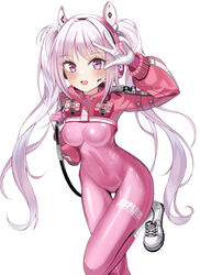  absurdres alice_(nikke) bodysuit breasts female gloves goddess_of_victory:_nikke headphones highres jacket looking_at_viewer pink_bodysuit pink_eyes pink_gloves pink_hair pink_jacket simple_background socks solo syuma twintails v white_background white_gloves white_socks 