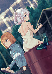  2girls animal aoba_chika ass bare_arms blue_eyes blue_jacket blush bug building butterfly closed_mouth cloud cloudy_sky commentary_request day drum_(container) flower from_behind grey_hair hair_flower hair_ornament hair_rings highres holding holding_knife house jacket jumpsuit knife light_rays long_sleeves looking_at_viewer looking_back magia_record:_mahou_shoujo_madoka_magica_gaiden mahou_shoujo_madoka_magica miura_asahi multiple_girls naked_towel nanakamado narendo orange_hair outdoors purple_eyes short_hair sitting sky sunbeam sunlight towel track_jacket tree white_hair wood 