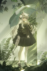  absurdres animal_ears arknights black_dress black_footwear boots broken_glass close-up commentary_request dress female full_body glass grey_hair heavyrain_(arknights) heavyrain_(tranquil_moss)_(arknights) highres holding holding_umbrella long_hair long_sleeves looking_at_viewer official_alternate_costume overgrown plant puffy_sleeves purple_eyes ruins solo standing tail tuzhate umbrella very_long_hair 