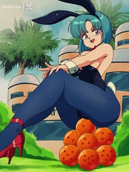  1980s_(style) :d animal_ears bare_shoulders black_leotard blue_eyes blue_hair blue_pantyhose bluethebone bow bowtie breasts building bulma_briefs commentary day dragon_ball dragon_ball_(classic) dragon_ball_(object) english_commentary fake_animal_ears fake_tail female full_body highres leotard medium_breasts open_mouth outdoors pantyhose patreon_username playboy_bunny rabbit_ears rabbit_tail red_bow red_bowtie red_footwear retro_artstyle short_hair smile solo strapless strapless_leotard strappy_heels tail teeth tree upper_teeth_only wrist_cuffs 