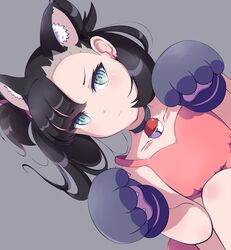  animal_ear_fluff animal_ears animal_hands asymmetrical_bangs bell black_choker black_hair cat_ears choker closed_mouth collarbone commentary_request dress earrings eyelashes female gloves green_eyes guunome hair_ribbon hands_up highres jewelry looking_at_viewer marnie_(pokemon) neck_bell paw_gloves pink_dress pokemon pokemon_swsh ribbon solo wavy_mouth 