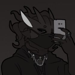  1:1 anthro avoid_posting black_background black_body black_fur black_hair black_nails black_sclera bust_portrait choker circle_eyebrows clothing colored_nails eldritch_abomination electronics eyebrows felid fur hair holding_object hoodie horn icon jewelry looking_at_object low_res male malum_(pantheggon) mammal mask monochrome nails narrowed_eyes neck_scar neck_tuft necklace pantheggon pantherine phone portrait pseudo_hair razor razor_blade ring ring_(jewelry) samsung scar simple_background solo tentacle tentacle_hair text tools topwear tuft white_eyes 