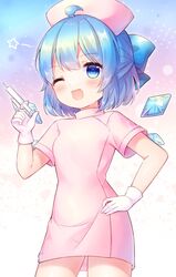  blue_bow blue_eyes blue_hair blush bow cirno coa_(chroo_x) cowboy_shot detached_wings fairy female gloves hair_between_eyes hairbow hat highres holding holding_syringe ice ice_wings nurse nurse_cap one_eye_closed open_mouth short_hair short_sleeves smile solo star_(symbol) syringe touhou white_gloves wings 