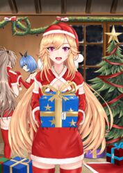  3girls absurdres alternate_costume arm_warmers azur_lane blonde_hair blue_hair box breasts brown_hair capelet christmas_tree christmas_wreath cleavage closed_mouth commentary_request covered_navel cross cross-shaped_pupils cross_necklace detached_collar detached_sleeves dress fur-trimmed_capelet fur-trimmed_dress fur-trimmed_headwear fur-trimmed_legwear fur-trimmed_sleeves fur_trim gascogne_(azur_lane) gift gift_box gloves gold_choker hair_between_eyes hair_ornament hat high_collar high_ponytail highres holding holding_gift indoors jean_bart_(azur_lane) jewelry large_breasts long_hair long_sleeves looking_at_viewer mechanical_ears multicolored_hair multiple_girls musanix necklace night no_halo open_mouth ponytail purple_eyes red_capelet red_gloves red_thighhighs richelieu_(azur_lane) santa_costume santa_hat short_dress short_hair short_sleeves sidelocks skindentation sleeveless sleeveless_dress snowing standing star_(symbol) star_print strapless strapless_dress streaked_hair symbol-shaped_pupils thighhighs thighs very_long_hair window wooden_floor wreath yellow_eyes 