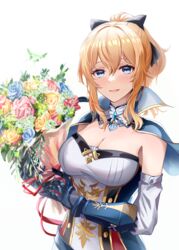  absurdres black_bow blonde_hair blue_eyes blush bouquet bow breasts capelet cleavage crystalfly_(genshin_impact) detached_collar detached_sleeves female flower gauntlets genshin_impact hairbow highres holding holding_bouquet jean_(genshin_impact) looking_at_viewer medium_breasts mon-chan open_mouth ponytail rose sidelocks simple_background smile solo upper_body vambraces white_background 