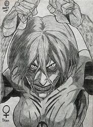  annie_leonhart artist_logo breasts drawing female female_titan graphite_(medium) grimace handy-y-mage highres holding_hands looking_at_viewer monochrome muscular self-upload shingeki_no_kyojin short_hair solo teeth titan_(shingeki_no_kyojin) traditional_media upper_body 