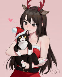  animal animal_ears antlers bad_id bad_twitter_id bare_shoulders belt biting black_belt breasts brown_eyes brown_hair cleavage collarbone commentary deer_ears dongho_kang dress ear_biting feline female fur-trimmed_dress fur_trim hat heart highres holding holding_animal holding_cat horns large_breasts long_hair looking_at_viewer open_mouth original red_dress reindeer_antlers santa_costume santa_dress santa_hat simple_background smile solo strapless strapless_dress upper_body 