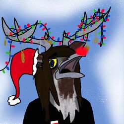  1:1 anthro antlers artamid avian bajer_(jurij_bajer) beak bird christmas christmas_clothing christmas_headwear christmas_lights clothed clothing corvid cracticinae currawong deer hair hat headgear headwear holarctic_magpie holidays horn hybrid jewelry jurij_bajer long_hair magpie_(corvid) male mammal open_beak open_mouth oscine passerine pendant red_nose santa_hat simple_background solo yellow_sclera 