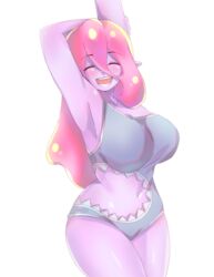  absurdres armpits arms_up backlighting blush breasts closed_eyes commentary english_commentary eyebrows_visible_through_hair female grey_swimsuit highres holding_arm ika_(ika-hime) large_breasts long_hair looking_at_viewer meme_attire monster_girl navel navel_cutout open_mouth original pink_hair pink_skin pointy_ears sharkini shiny shiny_hair shiny_skin slime_girl smile solo standing swimsuit thighs white_background 