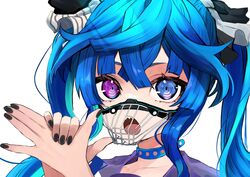  @_@ absurdres animal_ears black_nails blue_eyes blue_hair crossed_bangs female hands_up heterochromia highres horse_ears horse_girl long_hair looking_at_viewer muzzle open_mouth portrait puckered_lips purple_eyes shadow_puppet sharp_teeth simple_background solo teeth toa510 twin_turbo_(umamusume) twintails umamusume white_background 