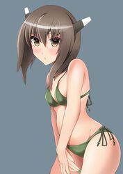  absurdres alternate_costume bikini breasts brown_eyes brown_hair female green_bikini green_nails grey_background headgear highres kantai_collection otobi short_hair side-tie_bikini_bottom simple_background small_breasts solo swimsuit taihou_(kancolle) 