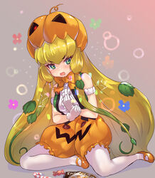  absurdres armband bare_shoulders blonde_hair blush bow bowtie center_frills commentary_request embarrassed female flying_sweatdrops frills gloves green_eyes green_hair green_vest hair_tubes highres jack-o&#039;-lantern_(kemono_friends) kemono_friends long_hair looking_at_viewer mary_janes multicolored_hair oerba_yun_fang open_mouth orange_bow orange_bowtie orange_footwear orange_shorts pantyhose plant pumpkin_hat pumpkin_pants shirt shoes shorts sidelocks sitting sleeveless solo tadano_magu tearing_up v-shaped_eyebrows very_long_hair vest vines white_gloves white_pantyhose white_shirt 