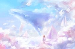  absurdres animal ashleyloob bad_source blue_sky boat cloud cloud_focus day dress female fish flying_whale hat highres humpback_whale original pastel_colors sail sailboat scenery sky star_(sky) sun_hat surreal watercraft whale white_dress 