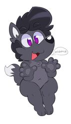  2019 acstlu anthro black_body black_fur black_hair canid canine chibi dialogue digital_drawing_(artwork) digital_media_(artwork) dipstick_tail english_text fox fur grey_body grey_fur hair inner_ear_fluff male mammal markings multicolored_body multicolored_tail phursie purple_eyes solo tail tail_markings text thick_thighs tuft two_tone_body wide_hips 