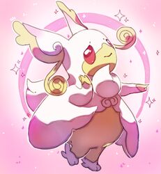  audino closed_mouth commentary english_commentary full_body looking_at_viewer mega_audino mega_pokemon no_humans pink_background pink_theme pinkgermy pokemon pokemon_(creature) simple_background smile solo sparkle standing 