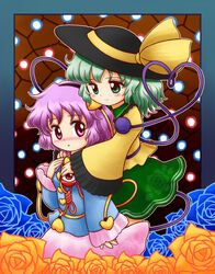  2girls black_hairband black_hat blue_border blue_shirt blush border brown_background closed_mouth collared_shirt commentary_request danmaku eyeball floral_print flower frilled_shirt_collar frilled_sleeves frills gradient_background green_eyes green_hair green_skirt hairband hat hat_ribbon heart heart_of_string hug hug_from_behind komeiji_koishi komeiji_satori long_hair long_sleeves looking_at_another mackintosh_rose multiple_girls nitamago nose_blush outline parted_lips pink_eyes pink_hair pink_skirt ribbon rose rose_print shirt short_hair siblings sisters skirt smile string subterranean_animism third_eye touhou white_outline wide_sleeves yellow_ribbon yellow_shirt 