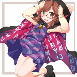  brown_eyes brown_hair cape clothes_writing commentary_request dress female glasses hat hat_ribbon long_sleeves looking_at_viewer nikku_(ra) open_mouth purple_dress red-framed_eyewear ribbon shirt smile solo touhou usami_sumireko 