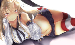  1boy admiral_(kancolle) alicemagic bad_id bad_pixiv_id bare_shoulders black_headband black_neckerchief black_panties blonde_hair blush breasts brown_eyes buttons closed_mouth collarbone commentary_request crop_top elbow_gloves female finger_to_face giant giantess gloves groin hair_between_eyes hair_ornament hairband half-closed_eyes headband highleg highleg_panties highres kantai_collection long_hair lying miniskirt musical_note navel neckerchief on_side panties reaching reaching_towards_viewer sailor_collar school_uniform serafuku shimakaze_(kancolle) sidelocks skindentation skirt smile stomach striped_clothes striped_thighhighs thighhighs thighs underwear white_gloves 