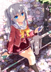  absurdres blue_eyes charlotte_(anime) commentary_request dappled_sunlight digital_media_player female grey_hair highres hoshinoumi_academy_school_uniform long_hair nanairo_fuusen school_uniform serafuku solo sunlight tomori_nao two_side_up 