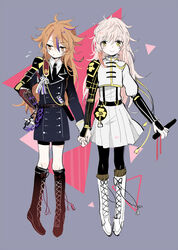  2girls armor black_legwear blonde_hair boots brown_eyes brown_footwear brown_hair commentary_request cross-laced_footwear dress genderswap_(mtf) gotou_toushirou holding_hands japanese_armor knee_boots lace-up_boots military military_uniform monoyoshi_sadamune multicolored_hair multiple_girls necktie pantyhose purple_hair rule_63 sekimo shorts shorts_under_skirt shoulder_armor smile sode streaked_hair suspenders touken_ranbu uniform white_footwear yellow_eyes 