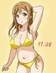  :o arm_behind_head arm_up armpits bikini blush breasts brown_eyes brown_hair cleavage collarbone commentary_request cowboy_shot dated female hair_ornament hairpin kunikida_hanamaru large_breasts long_hair love_live! love_live!_sunshine!! navel side-tie_bikini_bottom solo swimsuit turkey_min yellow_background yellow_bikini 