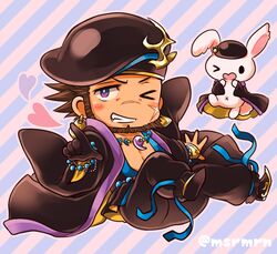  &gt;:) &gt;_o 1boy animal bad_id bad_pixiv_id bare_pectorals bead_bracelet beads beard blue_background blush bracelet bracer bright_pupils brown_hair chibi clothed_animal collarbone commentary_request earrings facial_hair flipped_hair full_body gold_trim grin hat heart index_finger_raised jewelry looking_at_viewer magatama magatama_necklace male_focus mashiro_miru necklace one_eye_closed ookuninushi_(p&amp;d) open_clothes pectorals pink_background purple_eyes puzzle_&amp;_dragons rabbit scar scar_on_face scar_on_nose sharp_teeth smile solo striped striped_background teeth twitter_username two-tone_background v-shaped_eyebrows white_pupils 