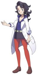  1boy anpolly belt black_hair blue_shirt coat collar collarbone earrings female green_eyes hips jewelry knees labcoat legs legwear nintendo pantyhose platane_(pokemon) pokemon pokemon_(game) pokemon_xy red_legwear rule_63 shirt shoes skirt smile solo white_background 