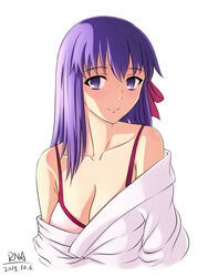  bare_shoulders bikini bikini_under_clothes breasts chinese_commentary cleavage collarbone commentary_request dated fate/stay_night fate_(series) female hair_ribbon large_breasts long_hair looking_at_viewer matou_sakura off_shoulder purple_eyes purple_hair ribbon rna_(angel-smelter) signature simple_background smile solo swimsuit upper_body white_background white_bikini 