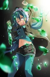  absurdres aqua_eyes aqua_hair aqua_nails aqua_necktie arms_up backlighting black_bow black_jacket black_shorts blue_shirt blush bow breasts commentary detached_hood dripping feet_out_of_frame female fur-trimmed_hood fur_trim green_ponpoko_(module) hairbow hatsune_miku highres hood jacket kunoichi_demo_koi_ga_shitai_(vocaloid) long_hair long_sleeves nail_polish navel necktie one_eye_closed open_clothes open_jacket pantyhose pantyhose_under_shorts project_diva_(series) round_teeth shirt shorts slime_(substance) small_breasts solo standing stomach striped striped_necktie tareme teeth tsukishiro_saika twintails very_long_hair vocaloid 