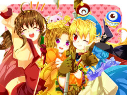  1boy 2girls ;3 ^_^ ahoge apron arm_up bad_id bad_pixiv_id bag blonde_hair blue_hat blush blush_stickers bow brown_gloves brown_hair cape closed_eyes closed_mouth creature_on_head curly_hair dress facing_viewer fang_out gloves goggles goggles_on_head hat heart heart_background hexagram holding holding_staff lilka_eleniak long_hair long_sleeves looking_at_viewer marivel_armitage multiple_girls nisei_(hiito) notice_lines oerba_yun_fang one_eye_closed open_mouth outline outside_border pink_background pointy_ears purple_eyes red_eyes ribbon smile staff star_(symbol) sweatdrop tim_rhymeless upper_body wavy_mouth weapon wild_arms wild_arms_2 