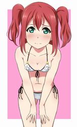  aqua_eyes bikini blush breasts collarbone commentary_request embarrassed female frilled_bikini frills front-tie_bikini_top front-tie_top hands_on_own_thighs kurosawa_ruby leaning_forward looking_at_viewer love_live! love_live!_sunshine!! navel red_hair side-tie_bikini_bottom small_breasts solo swimsuit turkey_min two_side_up white_bikini 