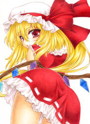  aoi_yuuka_(ao_no_kokoro) ass blonde_hair blush commentary_request crystal female flandre_scarlet frills from_behind hat hat_ribbon looking_at_viewer looking_back marker_(medium) mob_cap one_side_up red_eyes red_skirt ribbon short_hair short_hair_with_long_locks simple_background skirt solo touhou traditional_media watercolor_pencil_(medium) white_background wings 