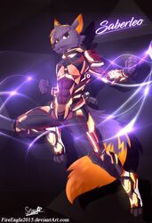  2018 absurd_res anthro armor canid canine canis clothing coyote fangs gun hi_res male mammal ranged_weapon saberleo_(character) senz solo suit technology teeth text url weapon 