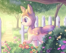  astrofizz blue_eyes deer deerling detailed_background female feral flower forest fur garden generation_5_pokemon happy mammal nintendo outside pink_body pink_fur plant pokemon pokemon_(species) smile solo tree winter_deerling 