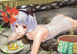  alternate_eye_color ass back bad_id bad_pixiv_id bare_shoulders basin black_hairband bow brown_eyes bucket dango female food hairband konpaku_youmu leaf lips looking_at_viewer lying maple_leaf naked_towel no_panties on_stomach onsen partially_submerged plate short_hair smile solo touhou towel wagashi water wet wet_hair white_hair yizhirenben 