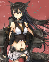  bad_id bad_pixiv_id bare_shoulders black_hair blush breasts crop_top elbow_gloves female fingerless_gloves gloves hair_between_eyes hair_ornament hairband headgear kantai_collection long_hair looking_at_viewer medium_breasts midriff miniskirt nagato_(kancolle) navel red_eyes skirt solo standing stomach thighhighs umasanjin 