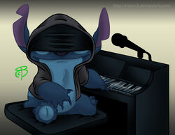  2011 4_fingers 4_toes alien ambiguous_gender blue_body blue_claws blue_fur blue_nose bottomless chest_tuft claws clothed clothing crossover digital_media_(artwork) disney electronics experiment_(lilo_and_stitch) feet fingers fur gradient_background hoodie keyboard_instrument lilo_and_stitch mask microphone musical_instrument notched_ear piano playing_music rcbrock signature simple_background sitting smile solo stitch_(lilo_and_stitch) text todd_in_the_shadows toes topwear tuft url 