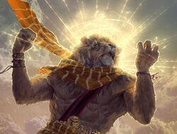  anthro backlighting biped bracelet catfolk clothed clothing felid fist front_view glowing half-length_portrait hasbro jewelry johannes_voss leonin light lighting magic magic:_the_gathering male mammal mane official_art pantherine portrait scarf sky skyscape solo standing sunlight topless wizards_of_the_coast 