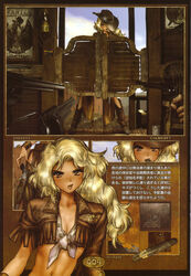  aiming blonde_hair boots breasts chair chaps cigar cleavage cowboy_boots cowboy_hat cowboy_western cropped_jacket female fringe_trim front-tie_top gun halterneck handgun hat highres holstered juliona_trans long_hair multiple_views navel open_mouth photoshop_(medium) poster_(object) revolver shell_casing sheriff_badge shirow_masamune standing translation_request wanted weapon wild_wet_west wooden_door wooden_floor wristband 